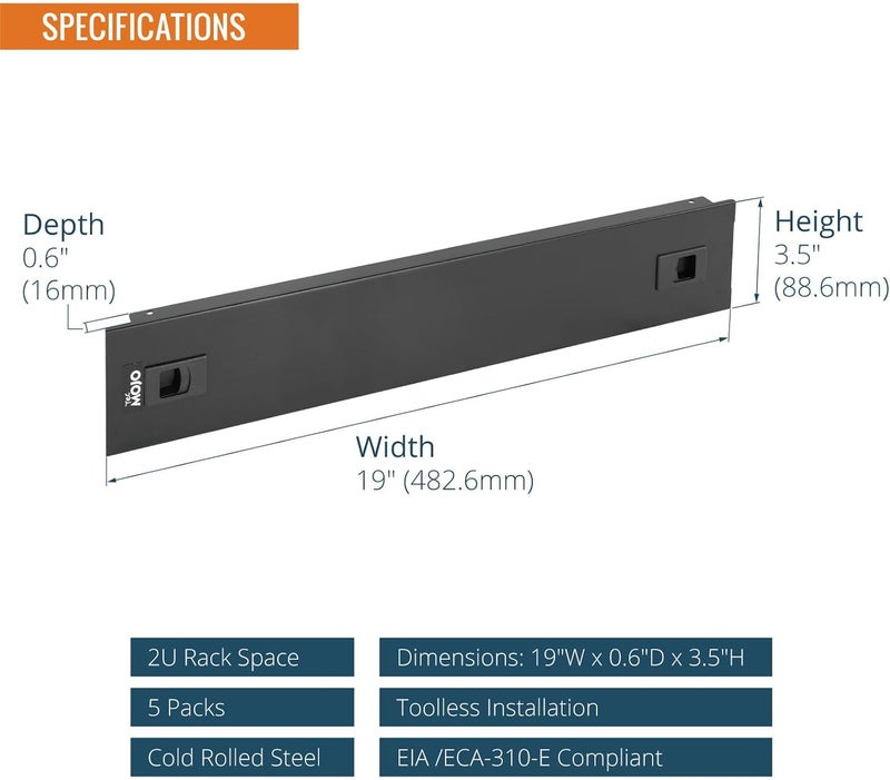 Tecmojo 5 Pack 2U Blank Panel, Cold Rolled Steel Rack Blank Panel, Rack Mount Plate for 19 in Server Rack Enclosure or Network Cabinet, Toolless Mounting, Black - Image 2